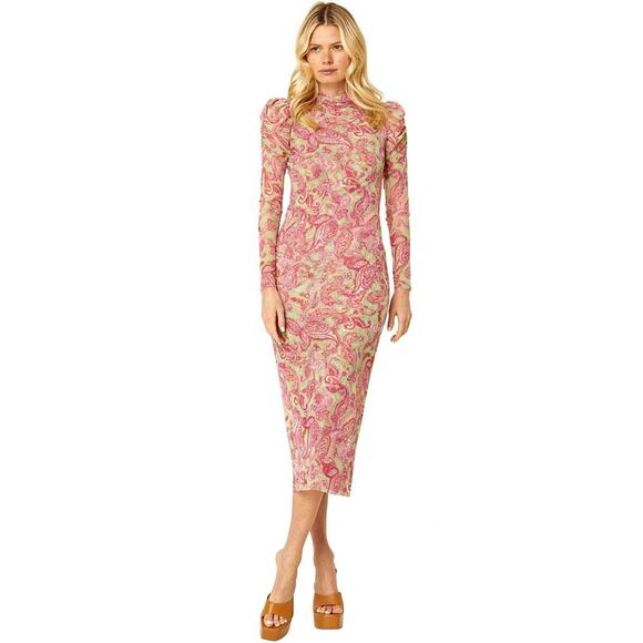 MISA Los Angeles Viviene Boho Pink Floral Mesh Vintage Bodycon Dress S NWT - Picture 2 of 6